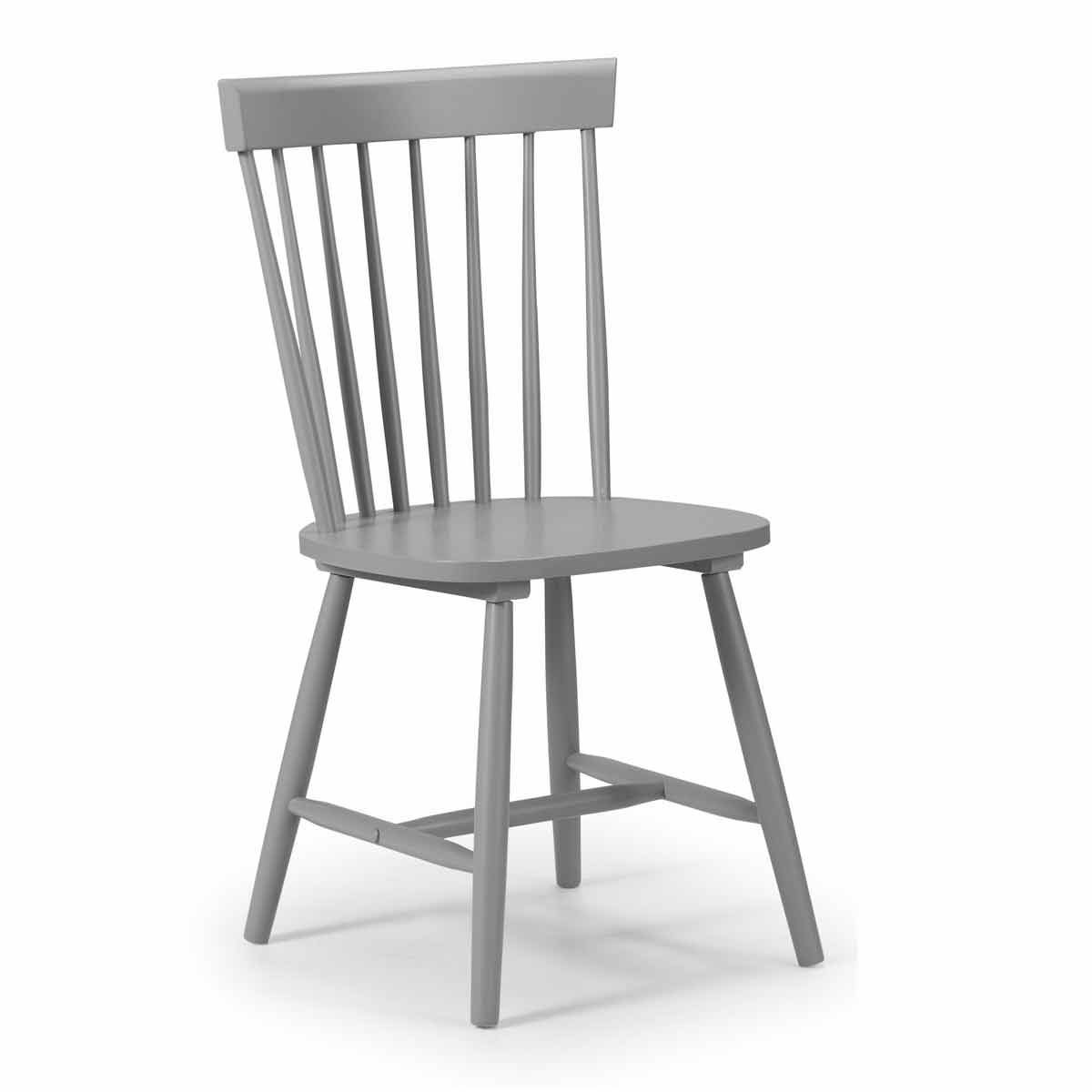 Set of four grey wooden Torino chairs featuring a classic spindle back design and sturdy legs, ideal for dining or casual seating.