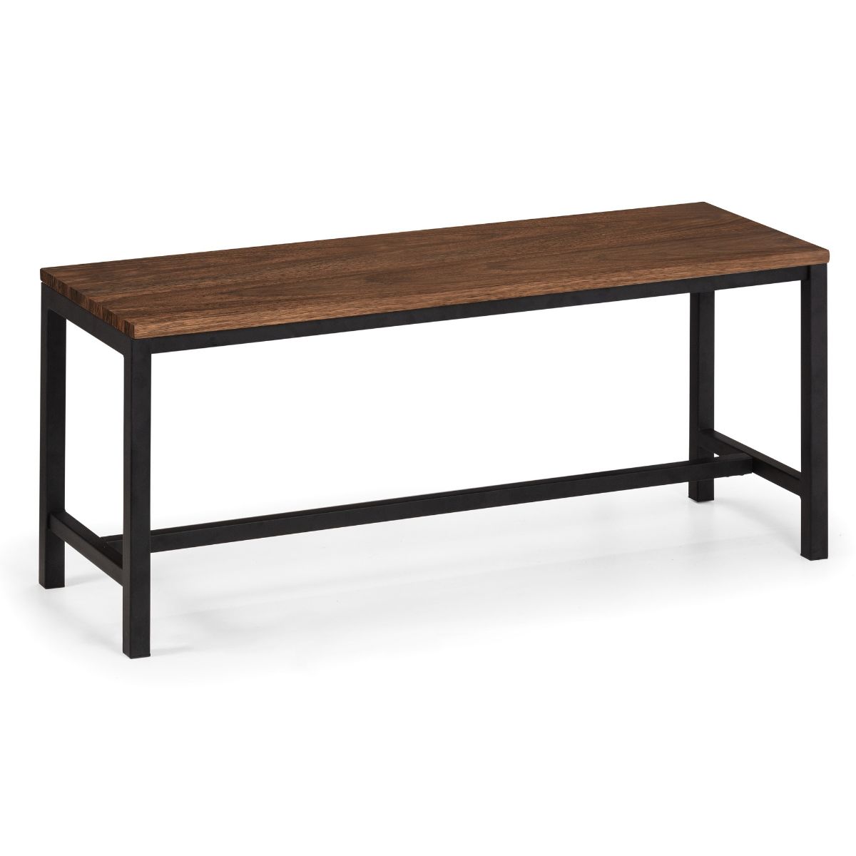 Walnut-finished wooden bench with a sleek, rectangular top and sturdy black metal frame, ideal for entryways or additional seating.