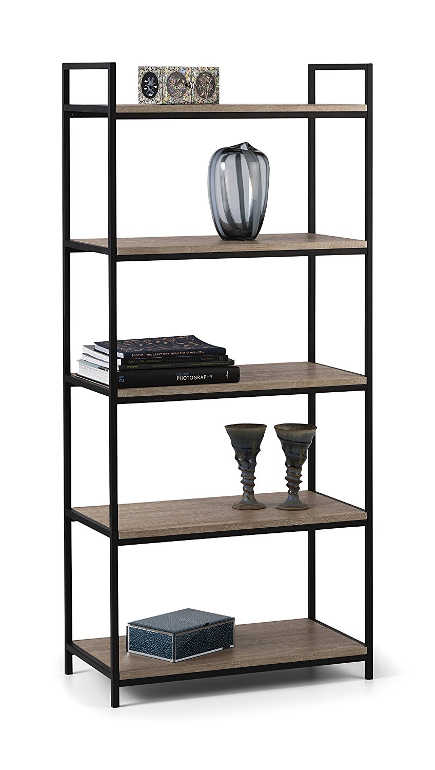 Brown wooden shelves with a sleek black metal frame, featuring five open tiers, decorative vases, books, and a clock on the top shelf.