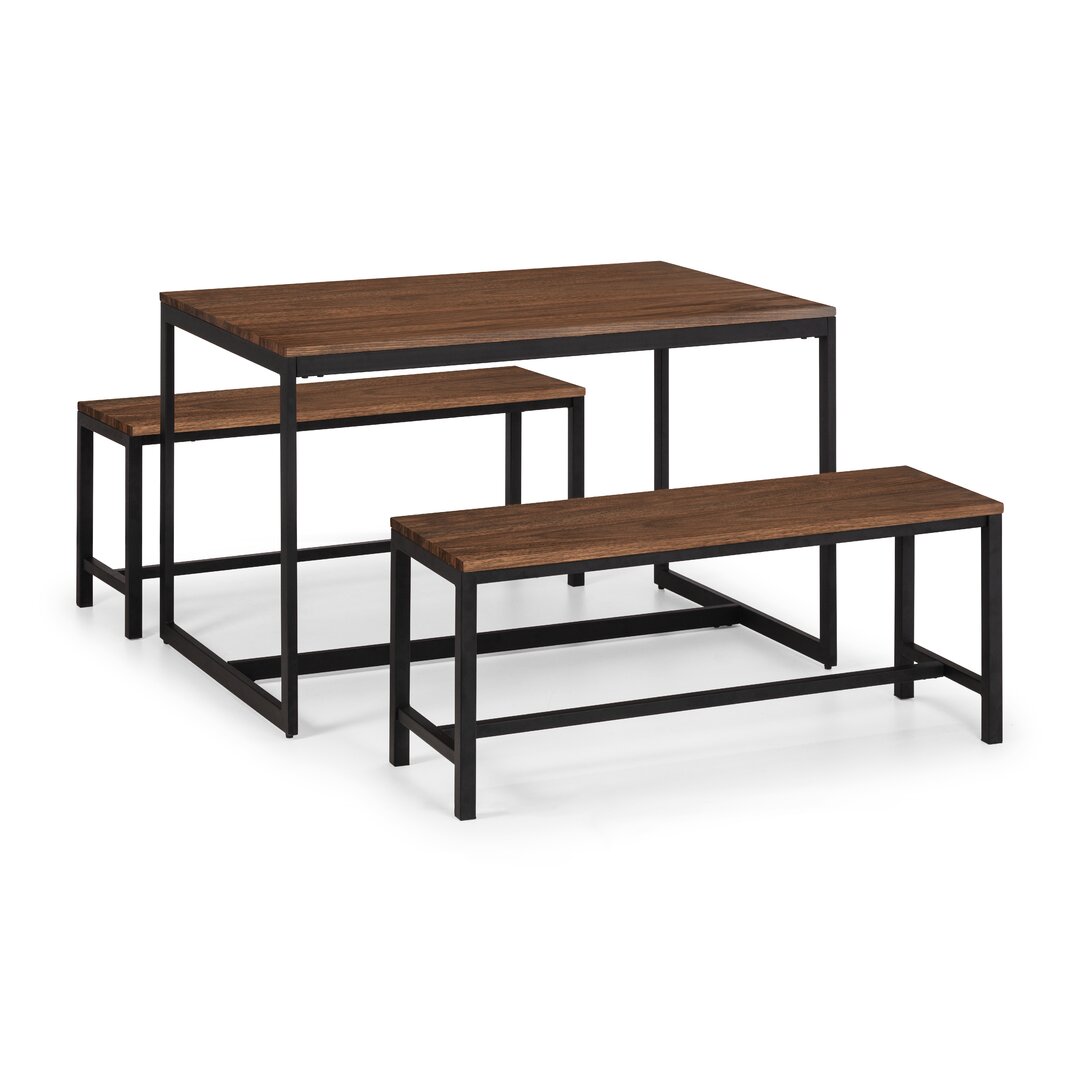 Walnut dining table with a smooth finish and two matching benches, featuring a sleek black metal frame for a modern, industrial look.