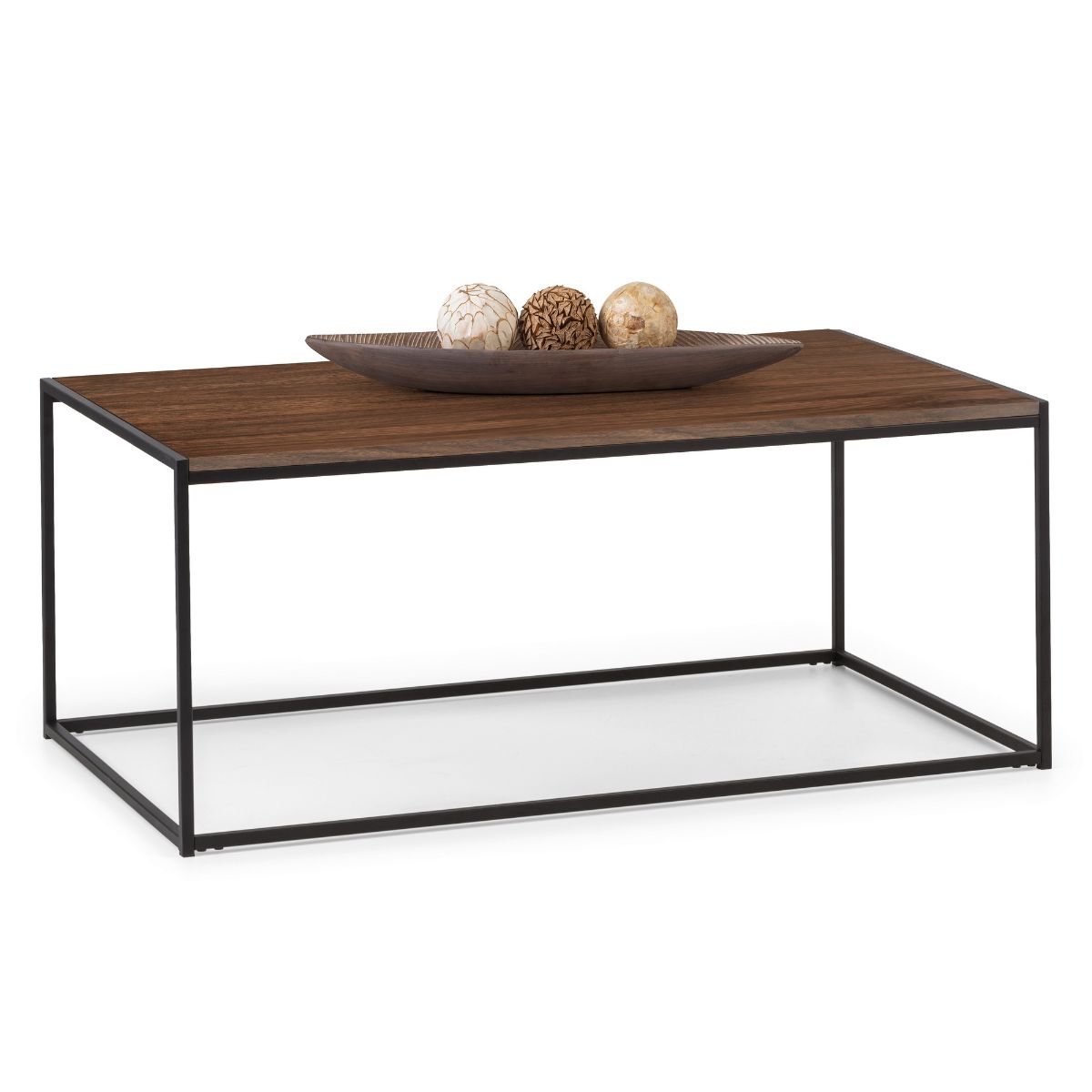 Walnut coffee table with a sleek black metal frame, featuring a rectangular top and a decorative bowl with textured decorative balls.