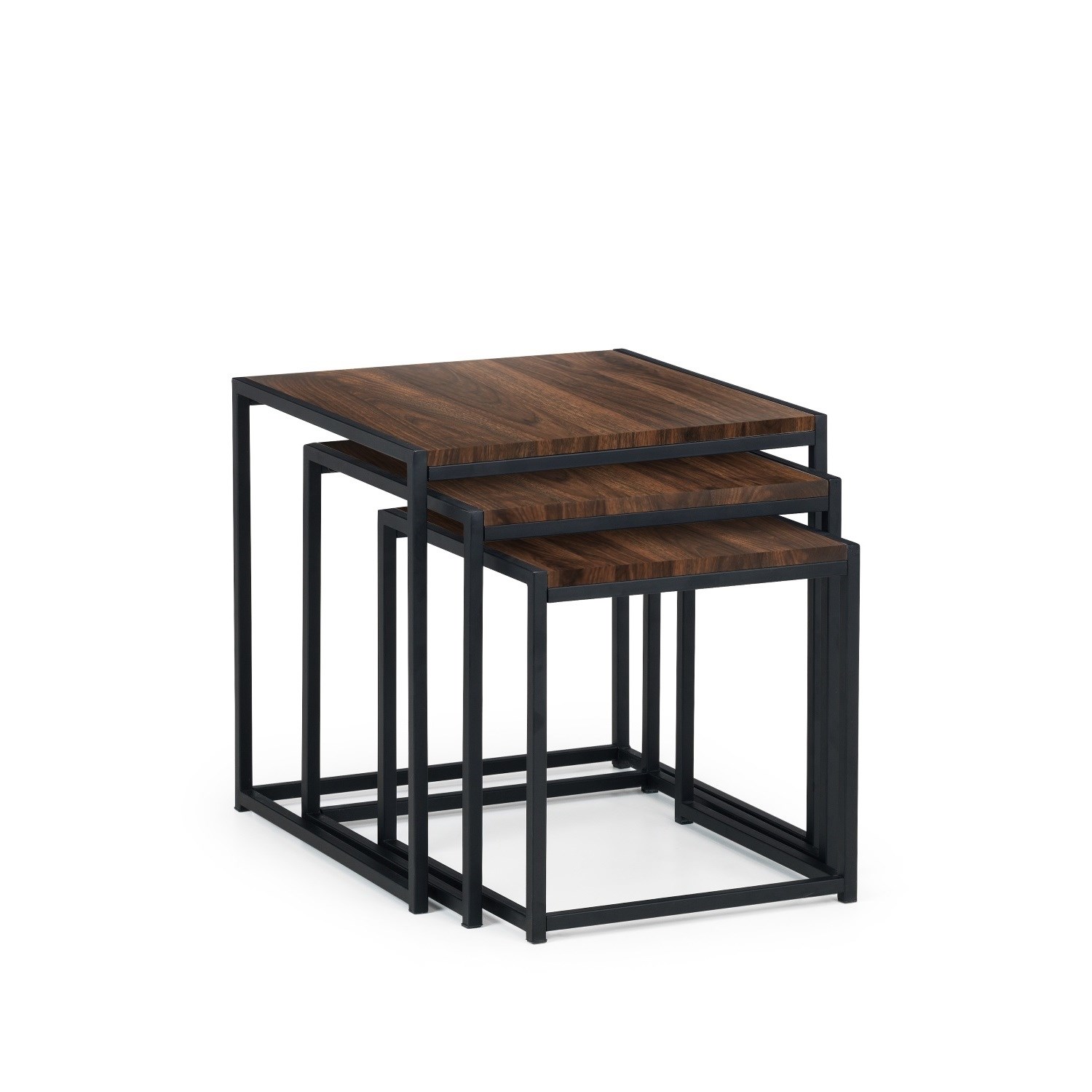 Nest of three tables featuring a walnut finish on the tops and a sleek black metal frame, designed for space-saving and modern style.