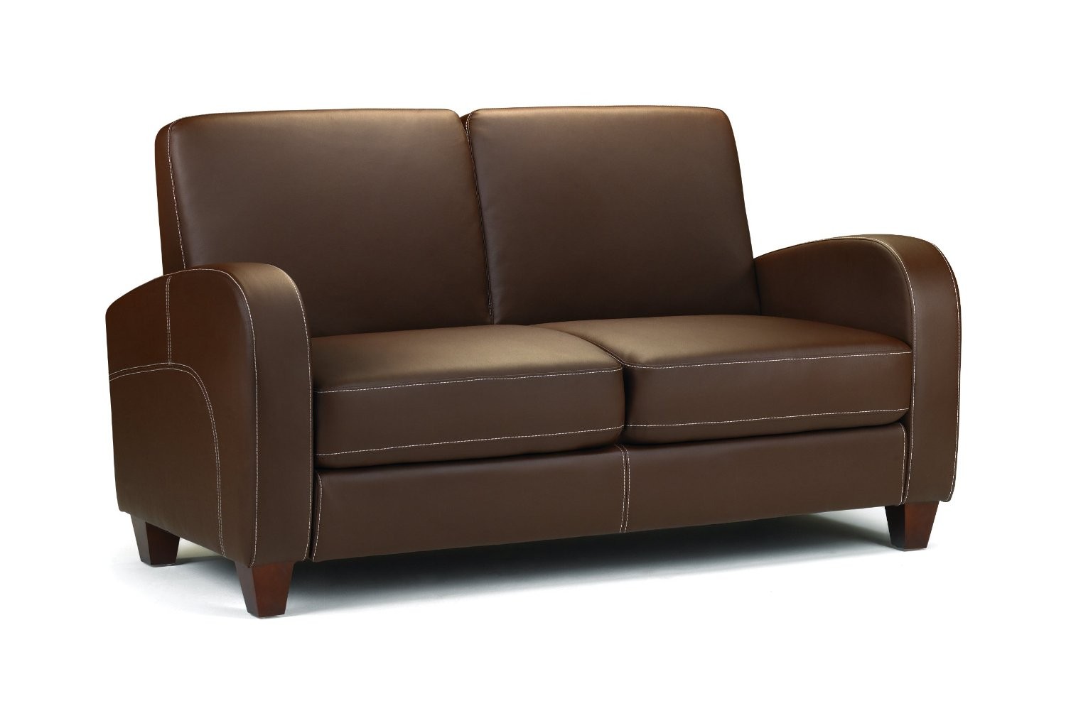 Chestnut faux leather two-seater sofa featuring a sleek design, rounded arms, and contrasting white stitching, supported by dark wooden legs.