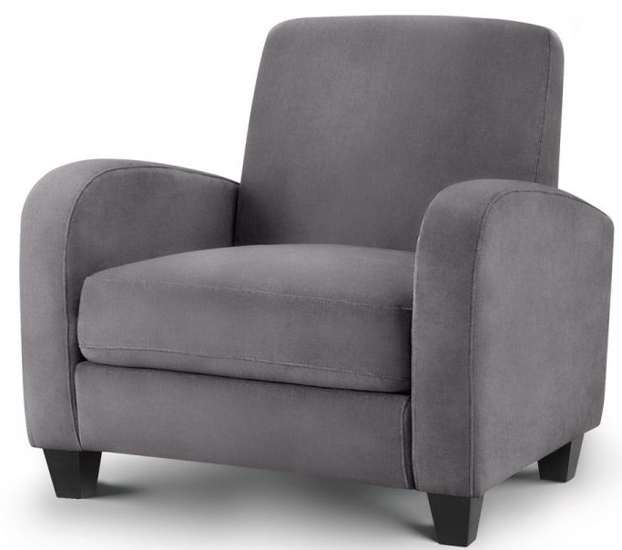 Stylish gray velvet armchair with rounded arms, a cushioned seat, and tapered black wooden legs, perfect for modern living spaces.