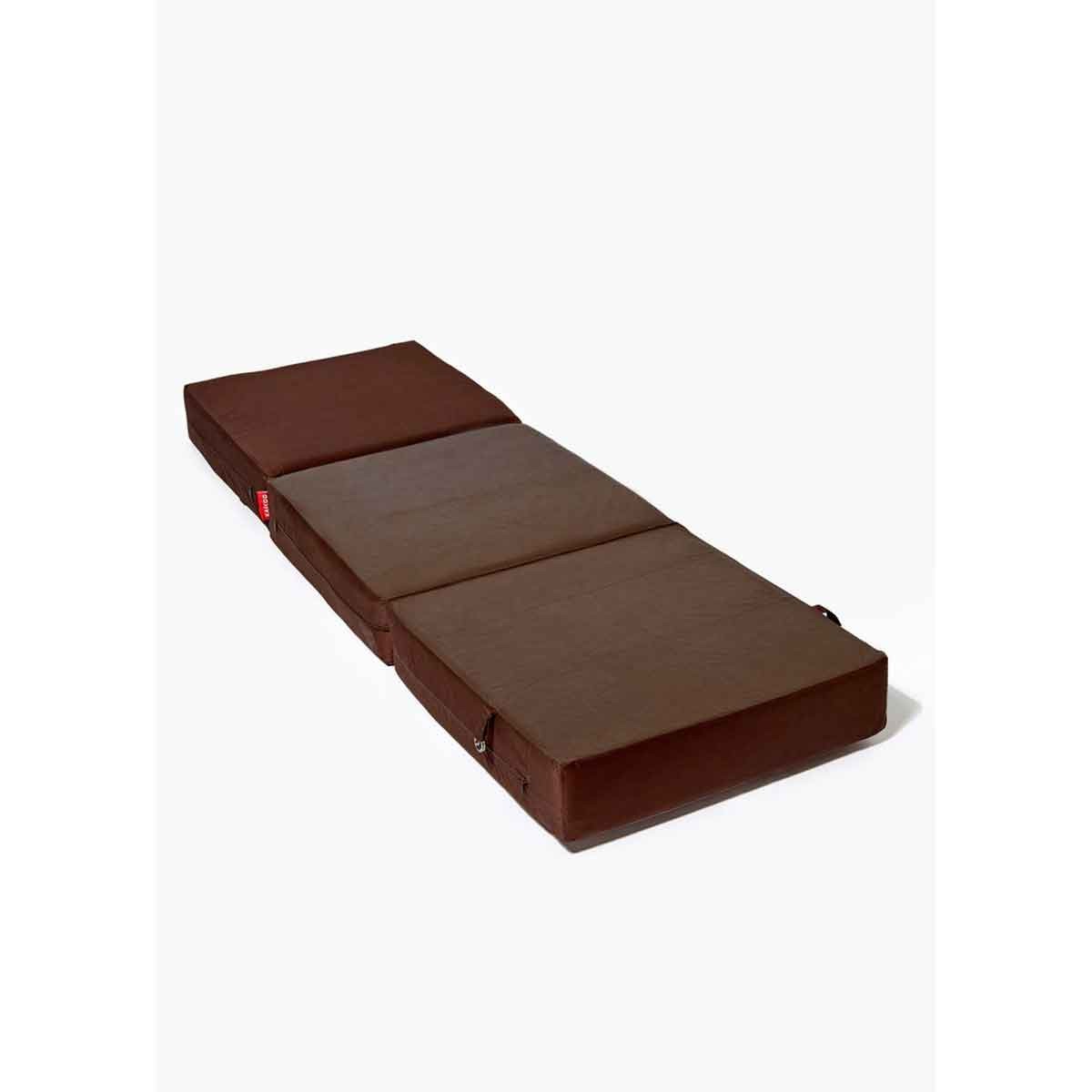 Kaikoo Mattress Bed in chocolate brown features a three-section design with a soft fabric cover and convenient side handles for easy portability.