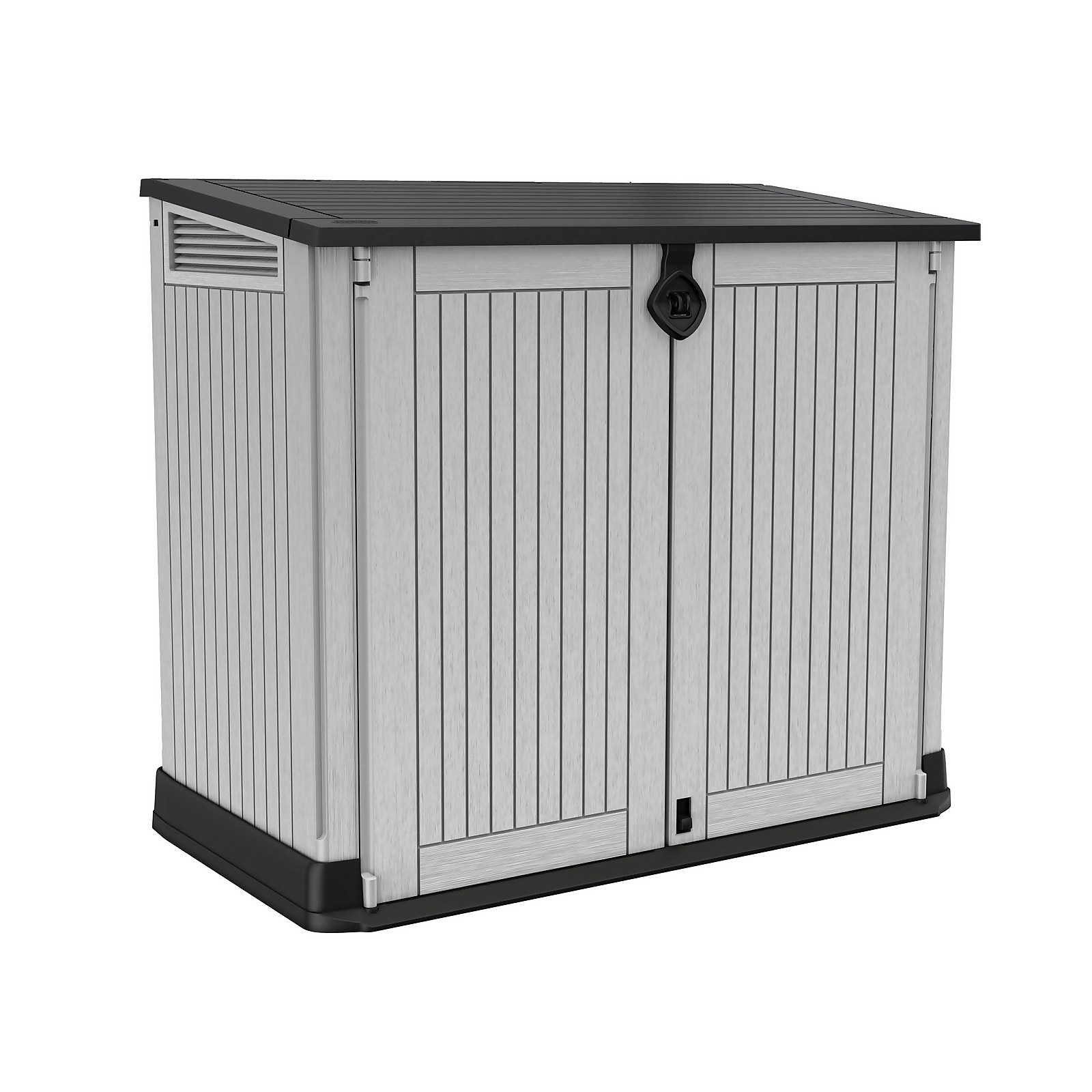 Grey outdoor storage shed with a wood-like texture, double doors, a sloped roof, and a capacity of 880 liters, designed for garden use.
