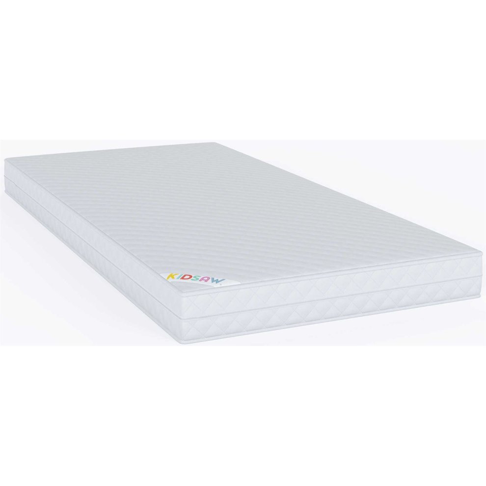 White single mattress with a deluxe sprung design, featuring a textured quilted surface and colorful "KIDSAW" logo on the corner.
