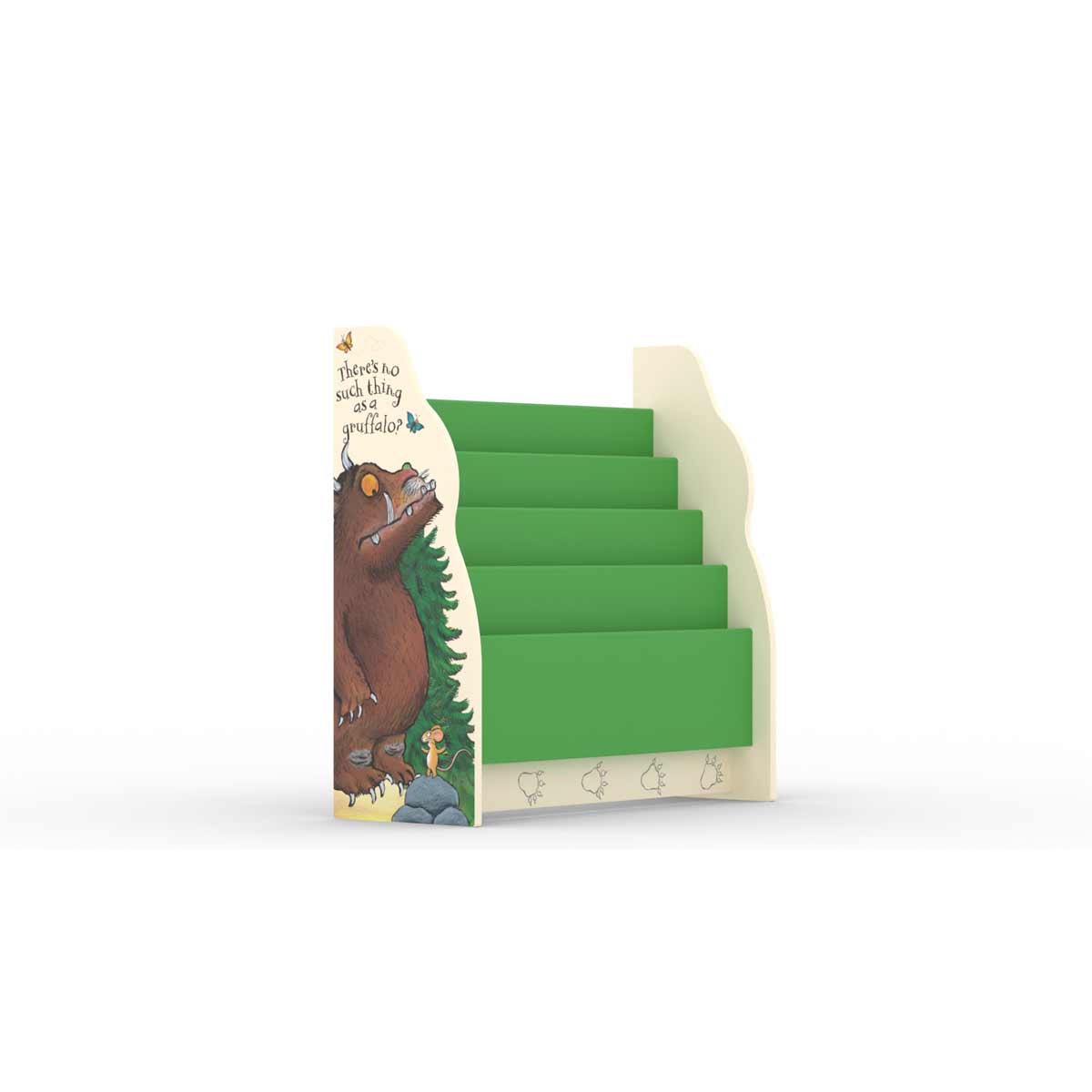 Green wooden bookcase sling featuring three fabric storage pockets, designed with a Gruffalo illustration and the text "There's no such thing as a Gruffalo."