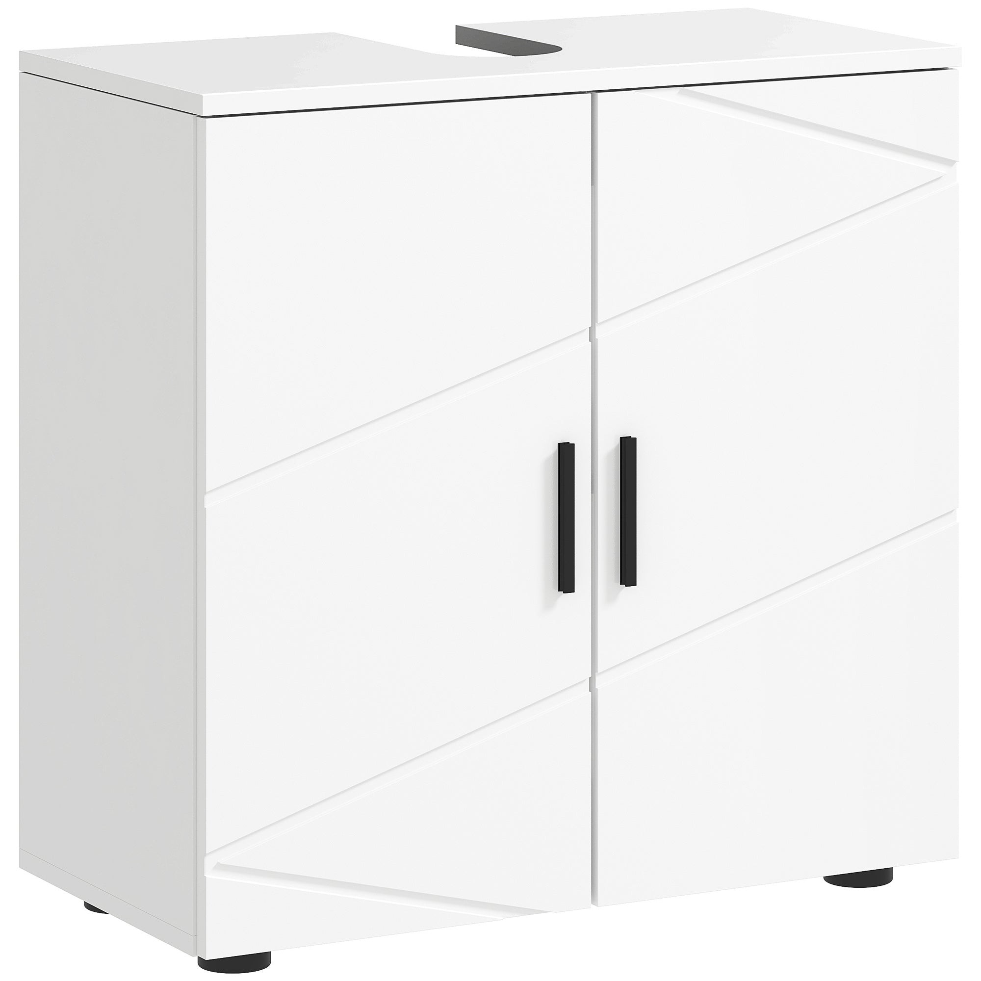 White Kleankin bathroom vanity unit with a sleek design, featuring two doors with black handles and a shelf inside, ideal for under-sink storage.