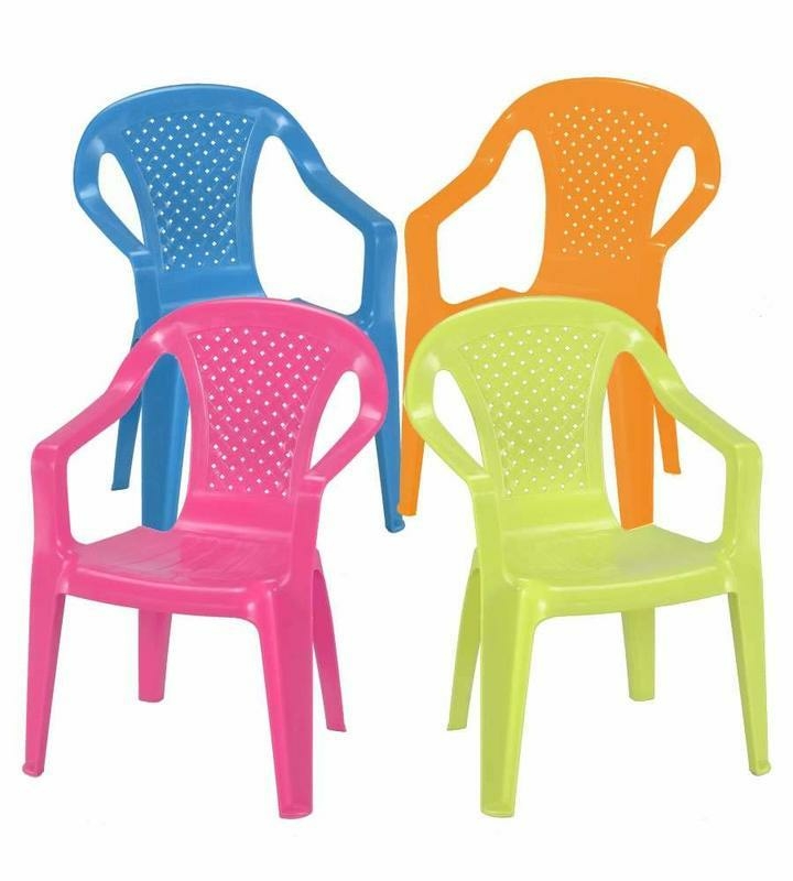 Four colorful stackable children's chairs in bright blue, orange, pink, and green plastic, featuring a perforated backrest and armrests for comfort.