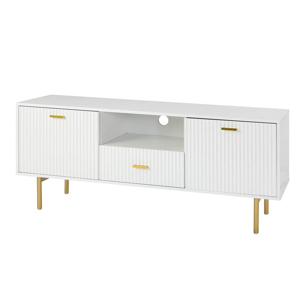 White TV cabinet featuring ribbed doors, a central drawer, and gold metal legs and handles, offering a stylish and spacious media console design.