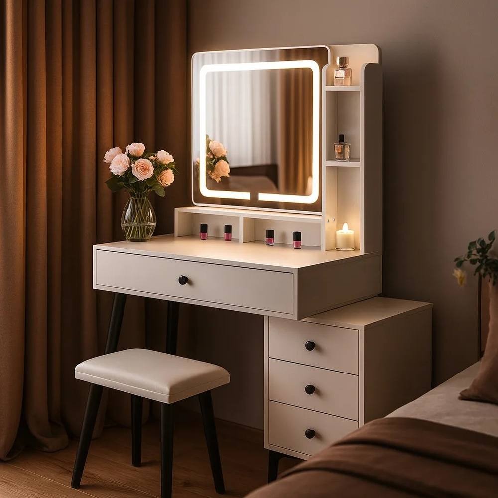 White Kosy Koala makeup dresser with LED mirror, four drawers, and a matching stool, accented by a vase of pink roses and soft lighting in a cozy setting.