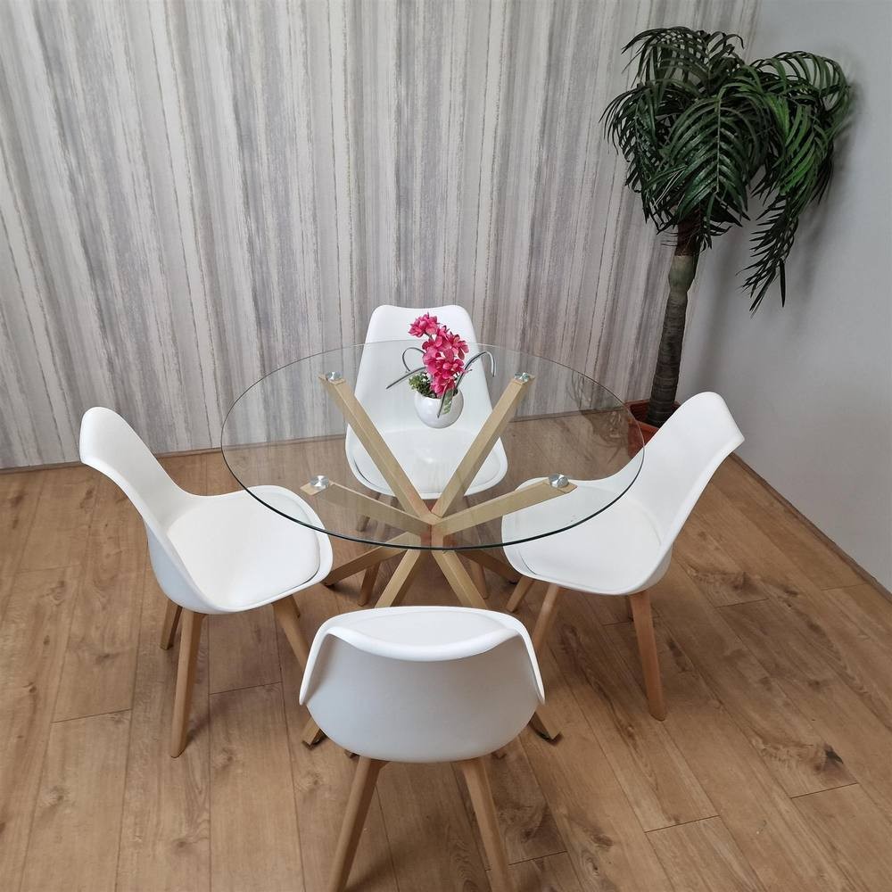 Kosy Koala 4 Seater Glass and Plastic Round Dining Table Set Oak Effect and White - image 2