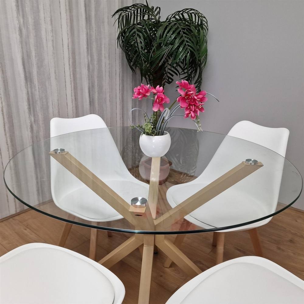 Kosy Koala 4 Seater Glass and Plastic Round Dining Table Set Oak Effect and White - image 3