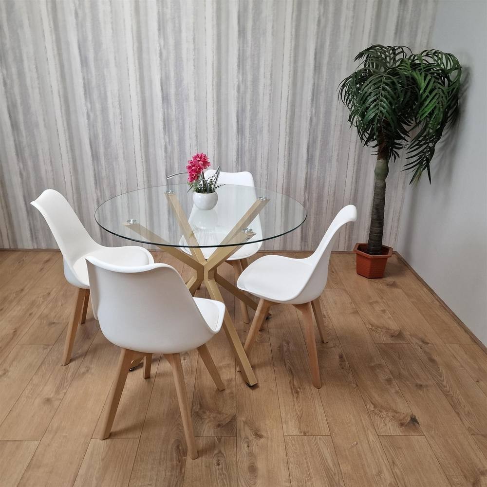 Kosy Koala 4 Seater Glass and Plastic Round Dining Table Set Oak Effect and White - image 4