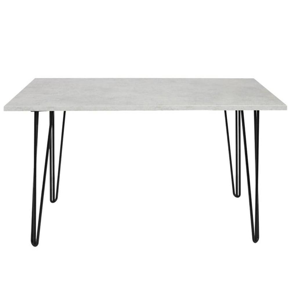 Modern grey dining table with a sleek rectangular top and black metal hairpin legs, accompanied by four black velvet chairs with elegant curved backs.