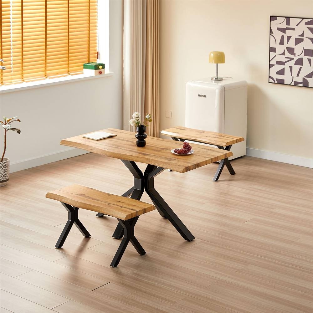 Modern brown dining table set featuring a rectangular wooden tabletop with a natural finish, supported by black metal legs, accompanied by two matching benches.