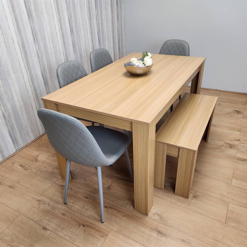 Kosy Koala 6 Seater Faux Leather Dining Bench Set Oak Effect and Grey - image 2