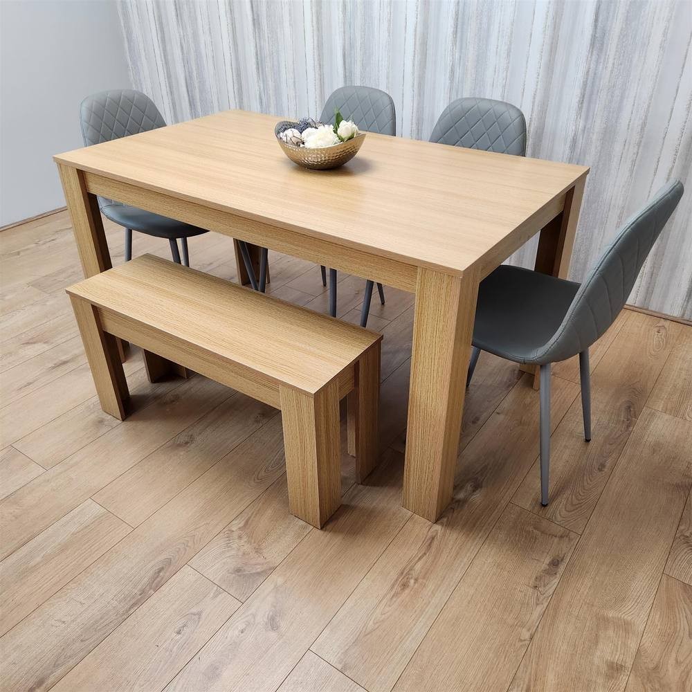Kosy Koala 6 Seater Faux Leather Dining Bench Set Oak Effect and Grey - image 3