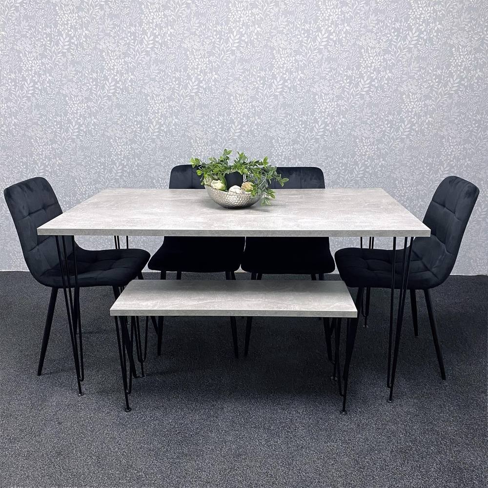 Modern brown dining table set featuring a rectangular tabletop with a concrete finish, accompanied by four black upholstered chairs and a matching bench.