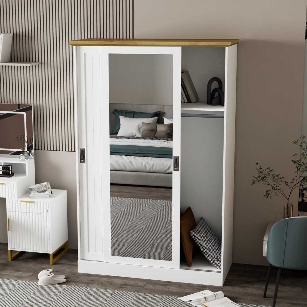 KOSY KOALA wardrobe features a white wood finish with a sliding door and full-length mirror, complemented by a sleek gold top, perfect for modern bedrooms.