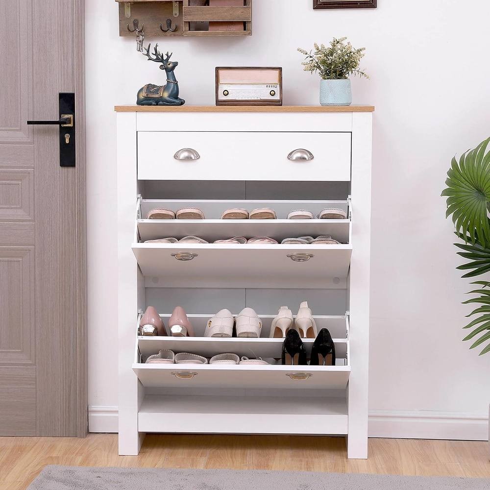 White shoe storage cabinet featuring flip drawers and a top drawer, with a natural wood top, designed for entryways, showcasing multiple pairs of shoes neatly organized.