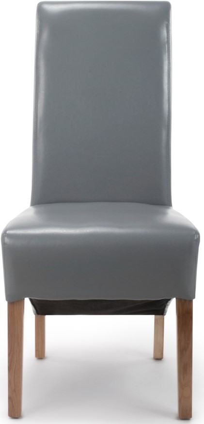 Set of 2 grey bonded leather dining chairs with high backs and light wooden legs, featuring a sleek, modern design suitable for contemporary dining spaces.