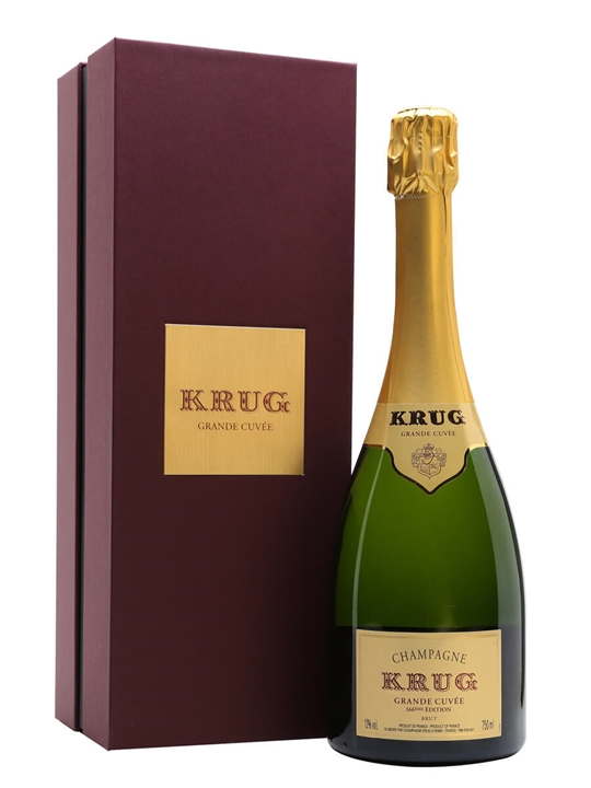 Krug Grande Cuvee 172eme Edition Champagne bottle with a green glass body and gold foil cap, presented in a burgundy gift box featuring a gold logo.