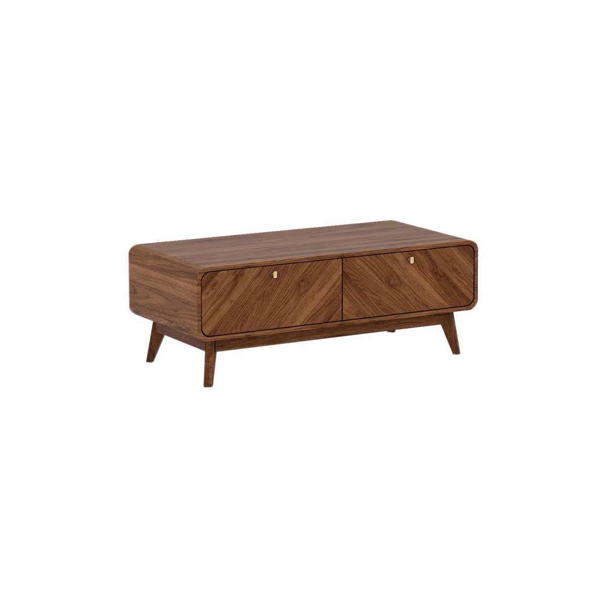 Brown wooden coffee table with a sleek design, featuring two spacious drawers with gold knobs and tapered legs for a modern touch.