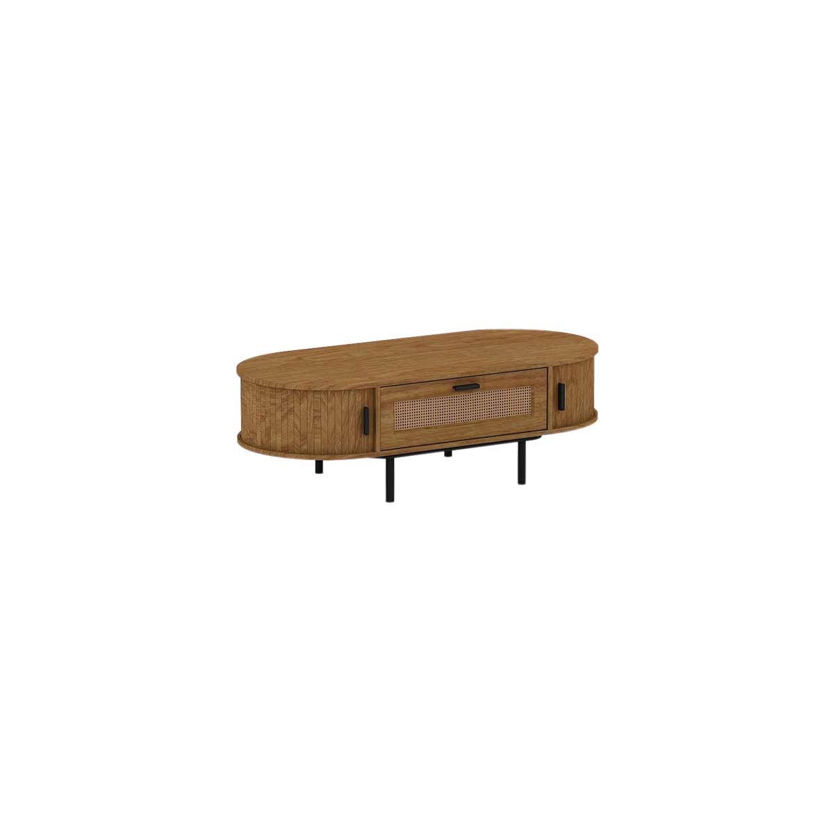 Brown oval coffee table with a textured front drawer, wooden body, and black metal legs, featuring a modern design suitable for various decor styles.