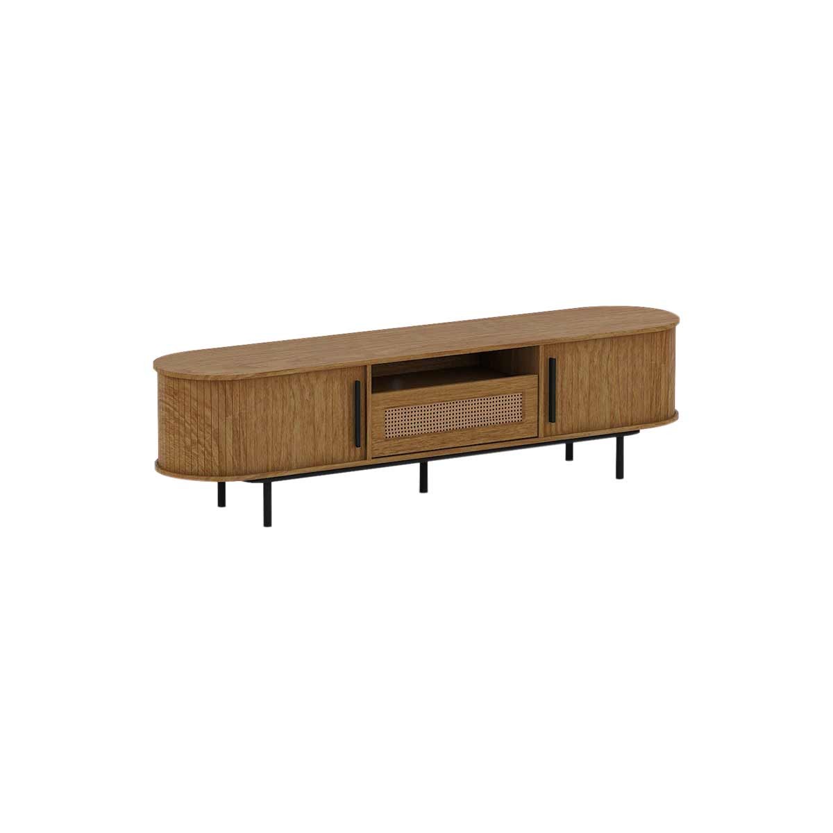 Stylish 1.8m Kudl TV cabinet in light oak finish, featuring a curved design, rattan front panel, two side doors, and black metal legs for a modern touch.