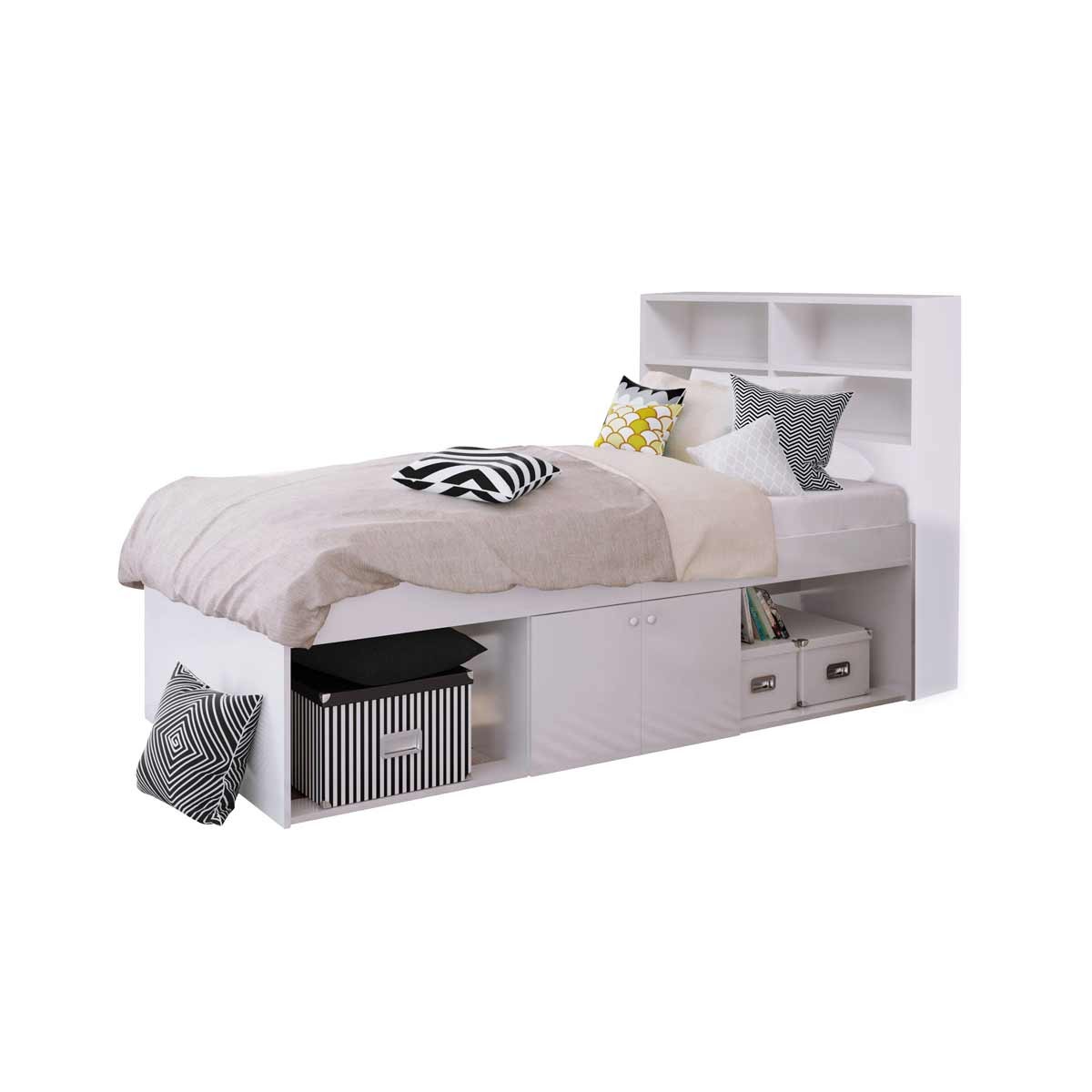 Low single 3ft cabin bed in white with a bookcase headboard, featuring storage compartments and decorative pillows in black and white patterns.
