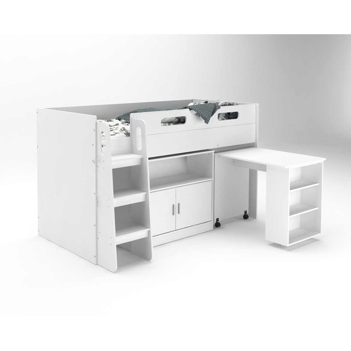 White mid sleeper bed with a built-in desk and cupboard, featuring a ladder, storage shelves, and a cozy bedding area, made from sturdy material for durability.
