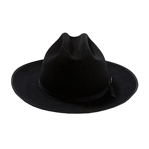 Black Stetson Royal Deluxe Open Road hat, size 7 5/8, featuring a wide brim, a classic teardrop crown, and a decorative ribbon band.