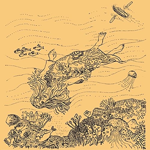 A yellow cover featuring intricate black line art of a woman submerged underwater, surrounded by fish, coral, and jellyfish, conveying a whimsical, dreamlike theme.
