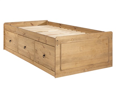 Brown pine cabin bed frame featuring a slatted base and three storage drawers, designed for a stylish and functional bedroom solution.