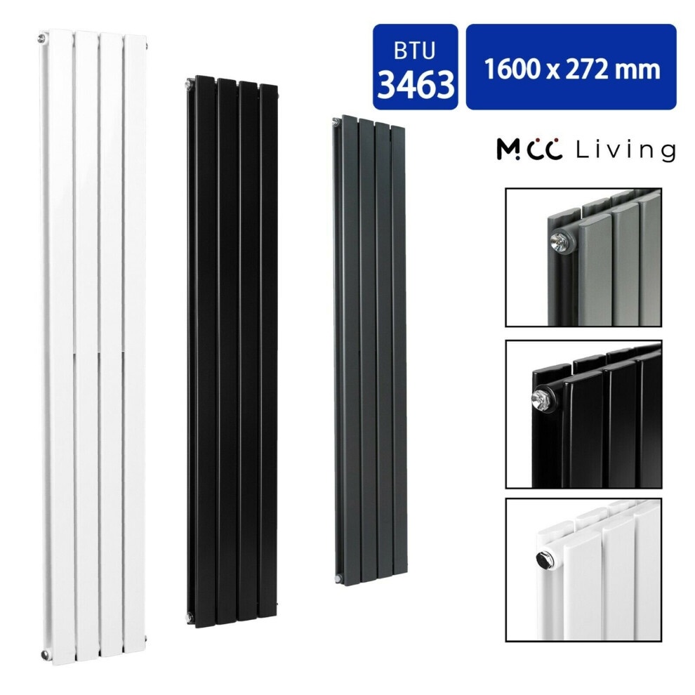 Grey horizontal and vertical designer flat panel radiators by MCC, featuring sleek lines, a modern finish, and a BTU rating of 3463, displayed alongside black and white variants.