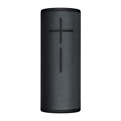 Portable waterproof Bluetooth speaker in night black, featuring a cylindrical design, fabric mesh exterior, and plus/minus buttons for volume control.