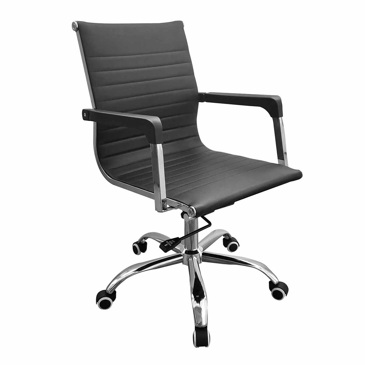 Black faux leather office chair with a contour back, chrome base, and rolling wheels, featuring sleek horizontal stitching and adjustable height.