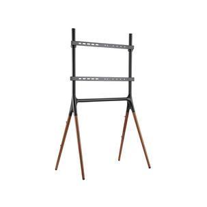 Black metal TV cabinet with wooden legs, featuring a sleek design and two adjustable shelves for entertainment equipment.