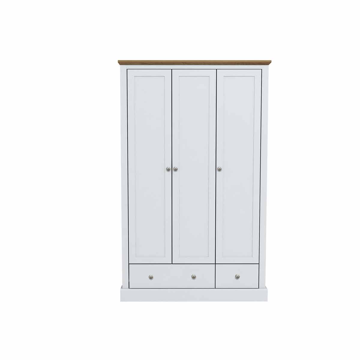 White wooden wardrobe with three doors and two drawers, featuring a light wood top and silver knobs, designed for storage and organization.