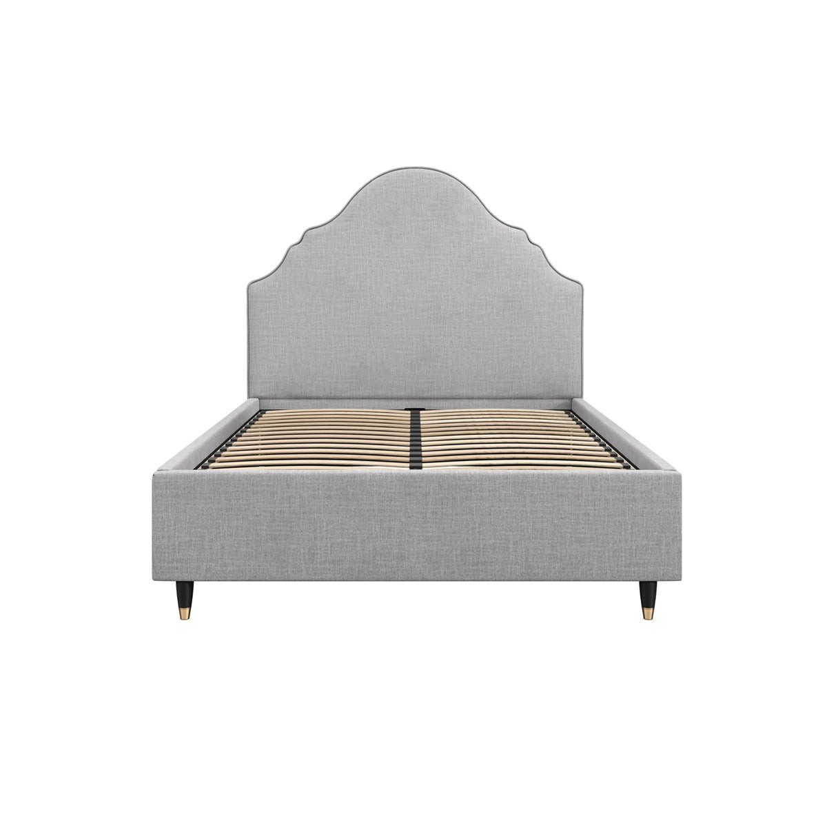 Light grey upholstered Farley double bed with a curved headboard, wooden slats, and tapered black legs with gold tips.