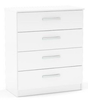 White four-drawer chest with a sleek design, featuring smooth fronts and modern silver handles, made from durable material for stylish storage.
