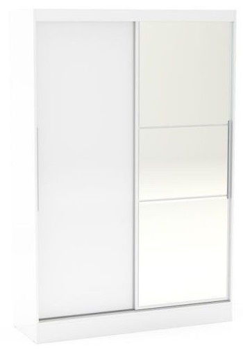 Birlea Lynx 2-door sliding wardrobe in white, featuring a sleek design with one mirrored panel and one solid white panel, perfect for modern bedroom decor.