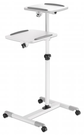 Manhattan Mobile Cart features two adjustable trays in grey and white, designed for projectors and laptops, with tilt, swivel, and a sturdy wheeled base for easy mobility.