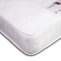 Maxitex Premier Sprung Mattress features a white quilted cover with a smooth finish, showcasing its plush, cushioned surface and sturdy edge support.