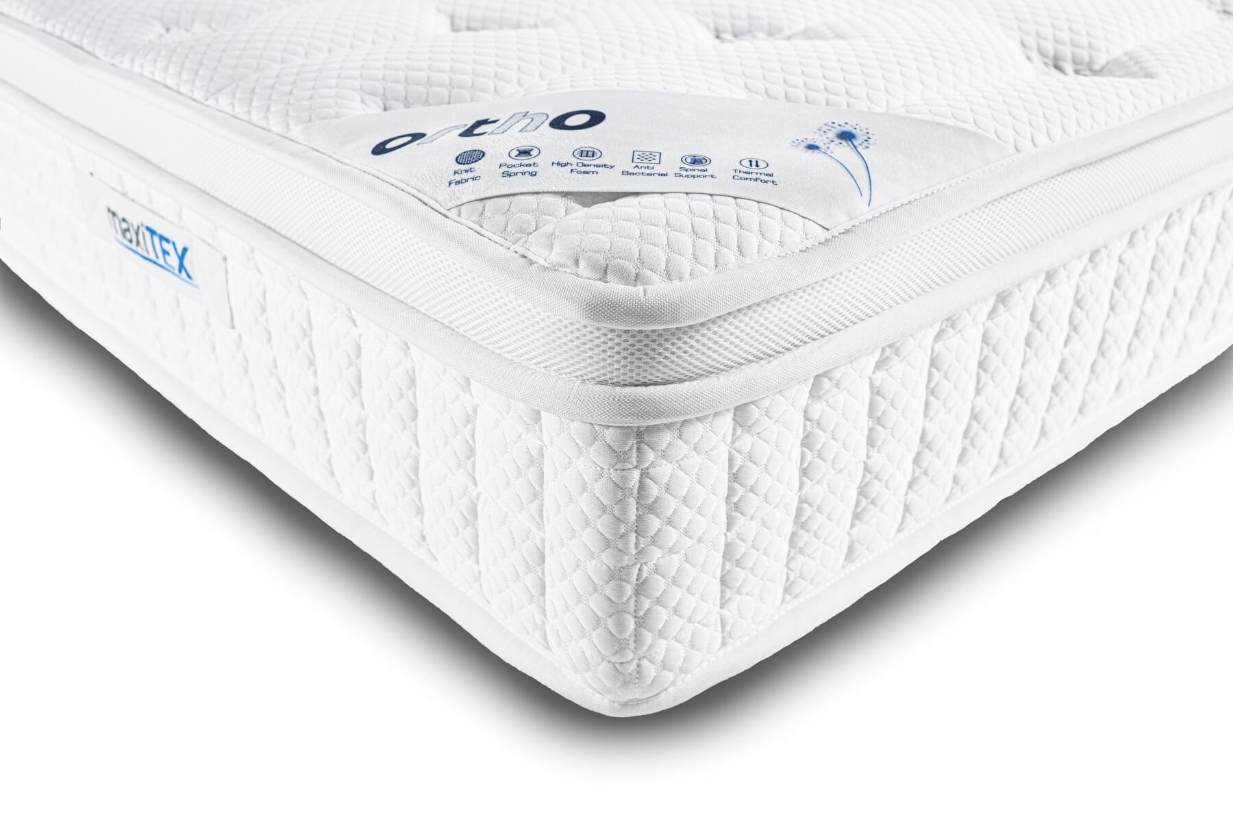 White Maxitex Orthopaedic Mattress featuring a quilted surface, breathable fabric, and a detailed label showcasing its key features and certifications.