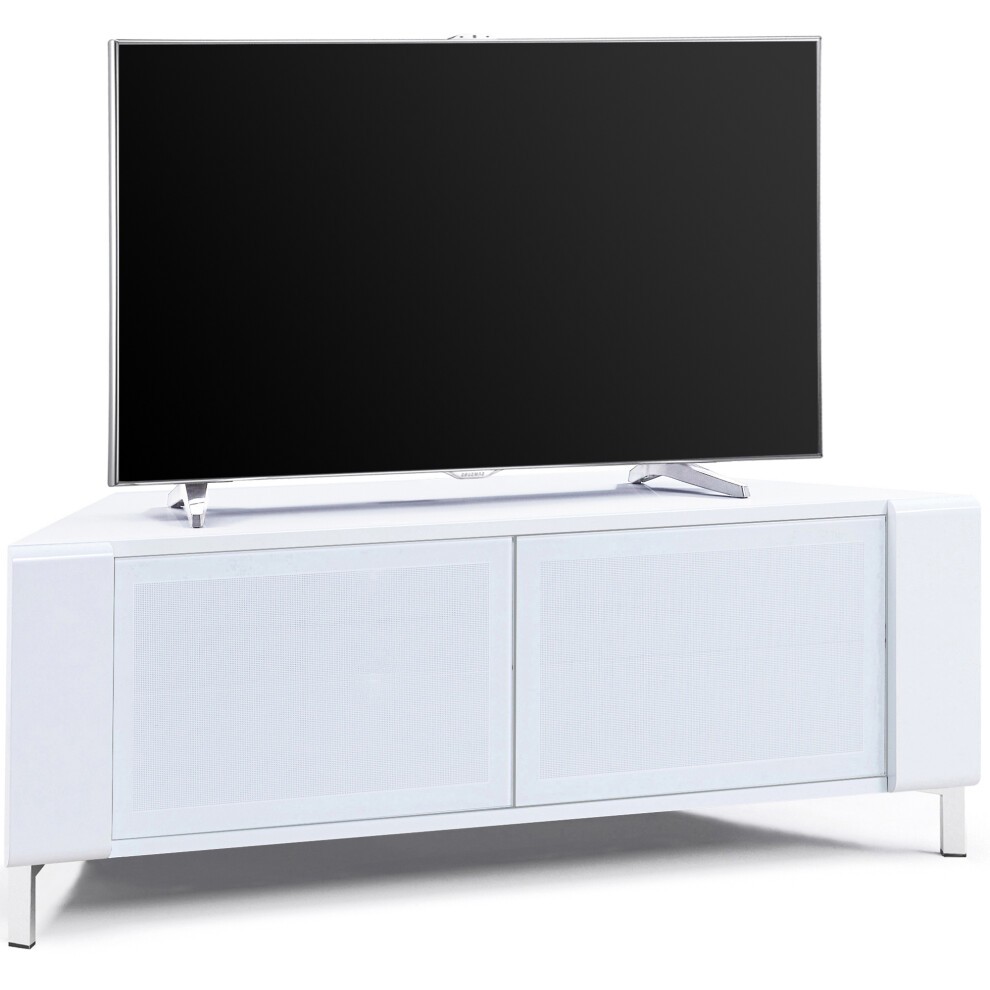 White contemporary corner cabinet with BeamThru glass doors, designed for flat screen TVs up to 50", featuring sleek lines and a modern aesthetic.