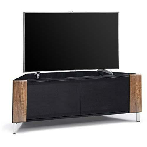 Gloss black contemporary cabinet with walnut profiles, featuring beam-thru glass doors, designed for flat screen TVs, with a sleek corner-friendly design.