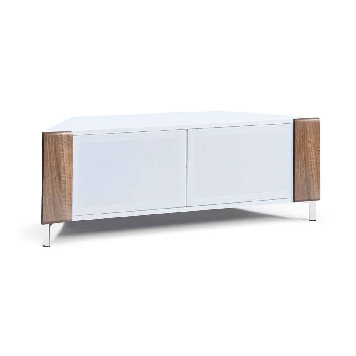 Stylish white TV cabinet with a sleek design, featuring white lacquered surfaces and contrasting walnut wood accents on the sides, supported by minimalist metal legs.